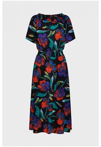 Robe florale avec un fond noir; comporte des fleurs rouges, violettes et vertes; taille élastiquée; manches courtes; tissu léger.