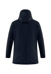 Veste imperméable bleu marine foncé avec capuche, présentant une texture lisse, une coupe droite et sans fermetures ni embellissements visibles.