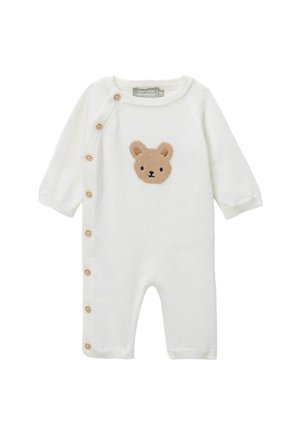 Barboteuse blanche pour bébé avec manches longues, fermetures à boutons latéraux et visage d'ours en peluche marron brodé sur la poitrine.