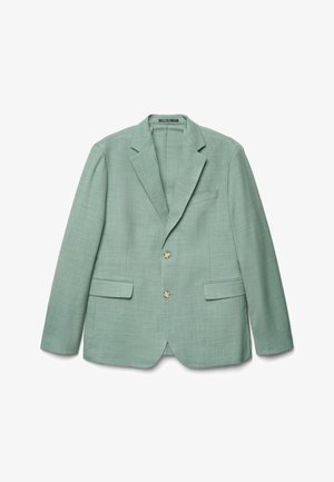 Blazer da uomo verde chiaro con rever a lancia, due tasche frontali con pattina, taschino sul petto e due bottoni beige.