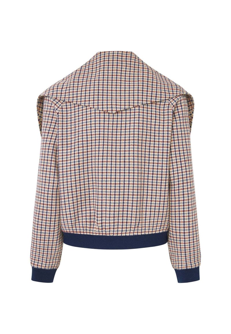 Geblokte jacket met een grote kraag, in een mix van rood, blauw en beige. Elastische manchetten en een elastische tailleband; gestructureerde stof.