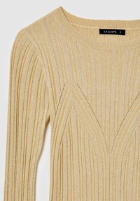 Top in maglia dorata a coste con un motivo testurizzato, scollatura ampia e cuciture decorative a forma di V sul davanti.