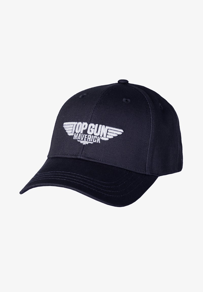Navy blue baseball cap made of cotton, featuring white embroidered “TOP GUN MAVERICK” text and wing design on the front.
