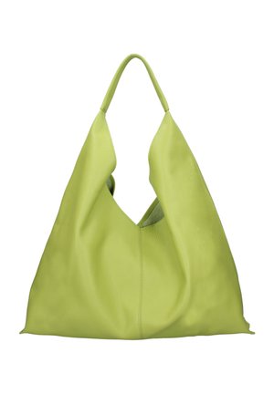 Weiche, hellgrüne Lederhandtasche mit einem einzelnen Schulterriemen und dreieckiger, lässiger Form.