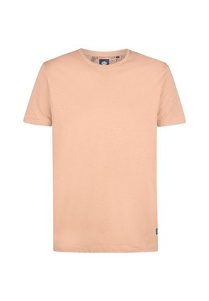 Pfirsichfarbener Kurzarm-T-Shirt, Rundhals, aus Baumwolle, glatte Textur, ohne Grafiken oder Muster, Etikett sichtbar unten links.