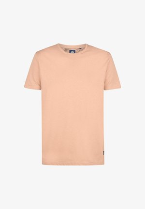 Peach-colored short-sleeve t-shirt, crew neck, cotton material, smooth texture, no graphics or patterns, tag visible at the bottom left.