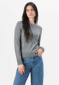 Gray long-sleeve sweater with a round neckline, ribbed cuffs and hem, worn with high-waisted blue jeans. Smooth texture with subtle sheen.