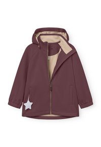 Chaqueta impermeable color burdeos con forro interior beige, dos bolsillos laterales, capucha y un tirador de cremallera en forma de estrella plateada.
