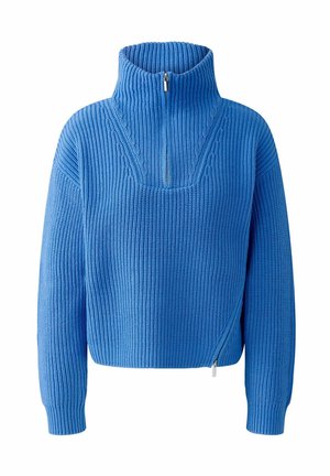 Blauwe gebreide pullover met een hoge kraag en een rits aan de voorkant. Heeft een geribd textuur, lange mouwen en een boxy silhouet.