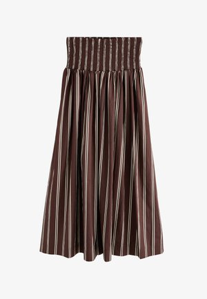 Brązowa spódnica midi z białymi pionowymi paskami i szeroką marszczoną elastyczną talią, marszczony i zwiewny materiał.