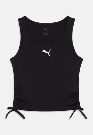 Fekete ujjatlan Puma crop top fehér logóval a mellkasán, és állítható redőzött húzózsinórokkal mindkét oldalon az alsó szegély mentén.