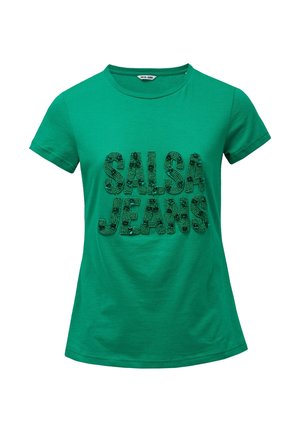 T-shirt vert à manches courtes avec col rond et texte "SALSA JEANS" en perles texturées sur le devant.