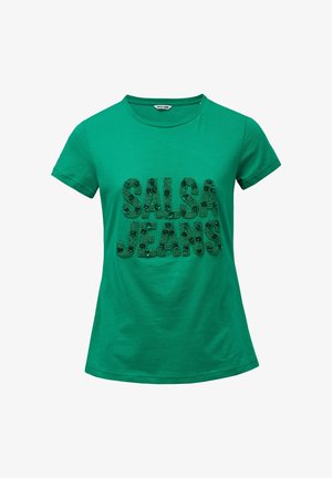 T-shirt vert à manches courtes avec col rond et texte "SALSA JEANS" en perles texturées sur le devant.