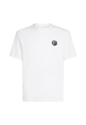White cotton t-shirt with a crew neck, short sleeves, and a round black logo patch on the left chest. Smooth texture. Simple design.