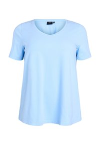 T-shirt azzurro chiaro a maniche corte con scollo a V. Realizzato in tessuto morbido, presenta una vestibilità comoda e senza motivi o accenti prominenti.