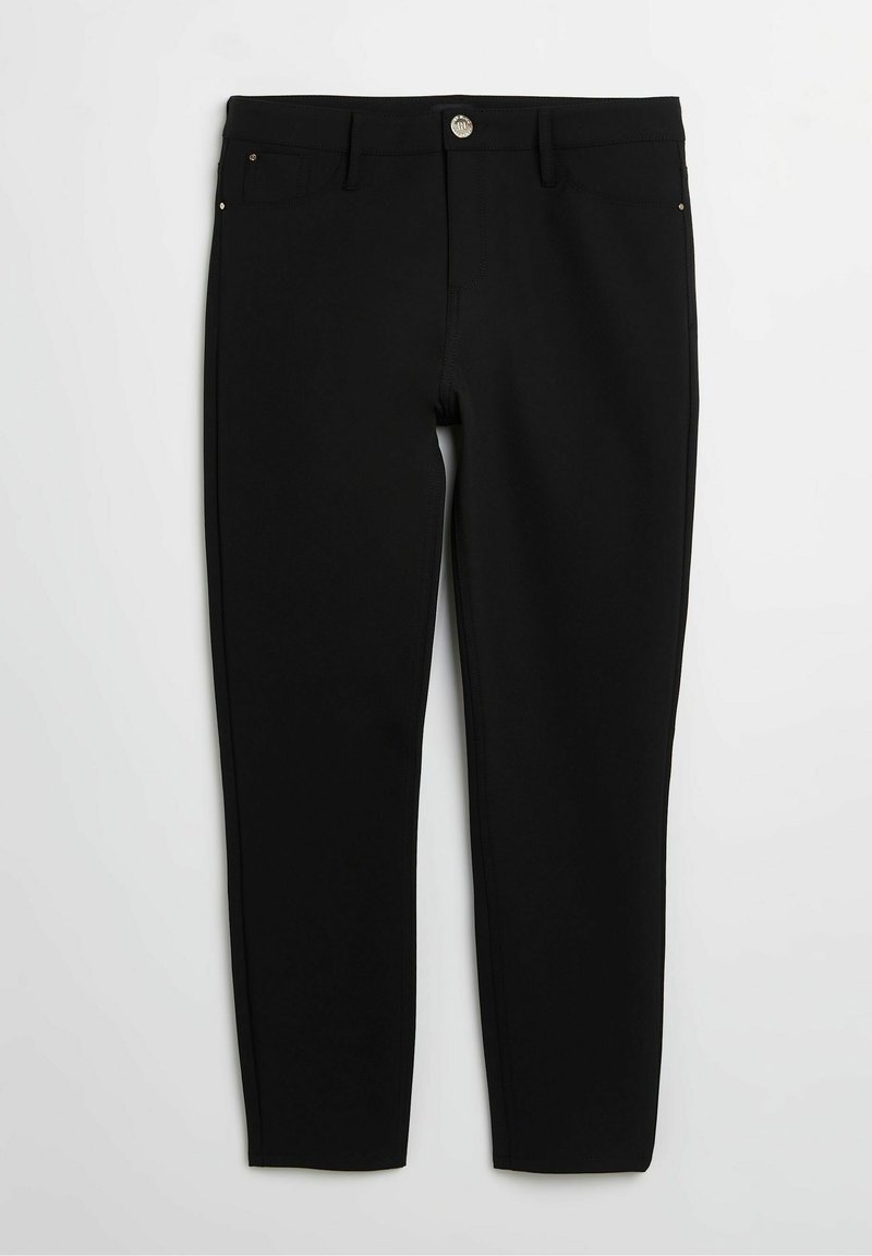 Black pants made from stretchy fabric, featuring a fitted design, front pockets, and a button closure. Smooth texture and sleek appearance.