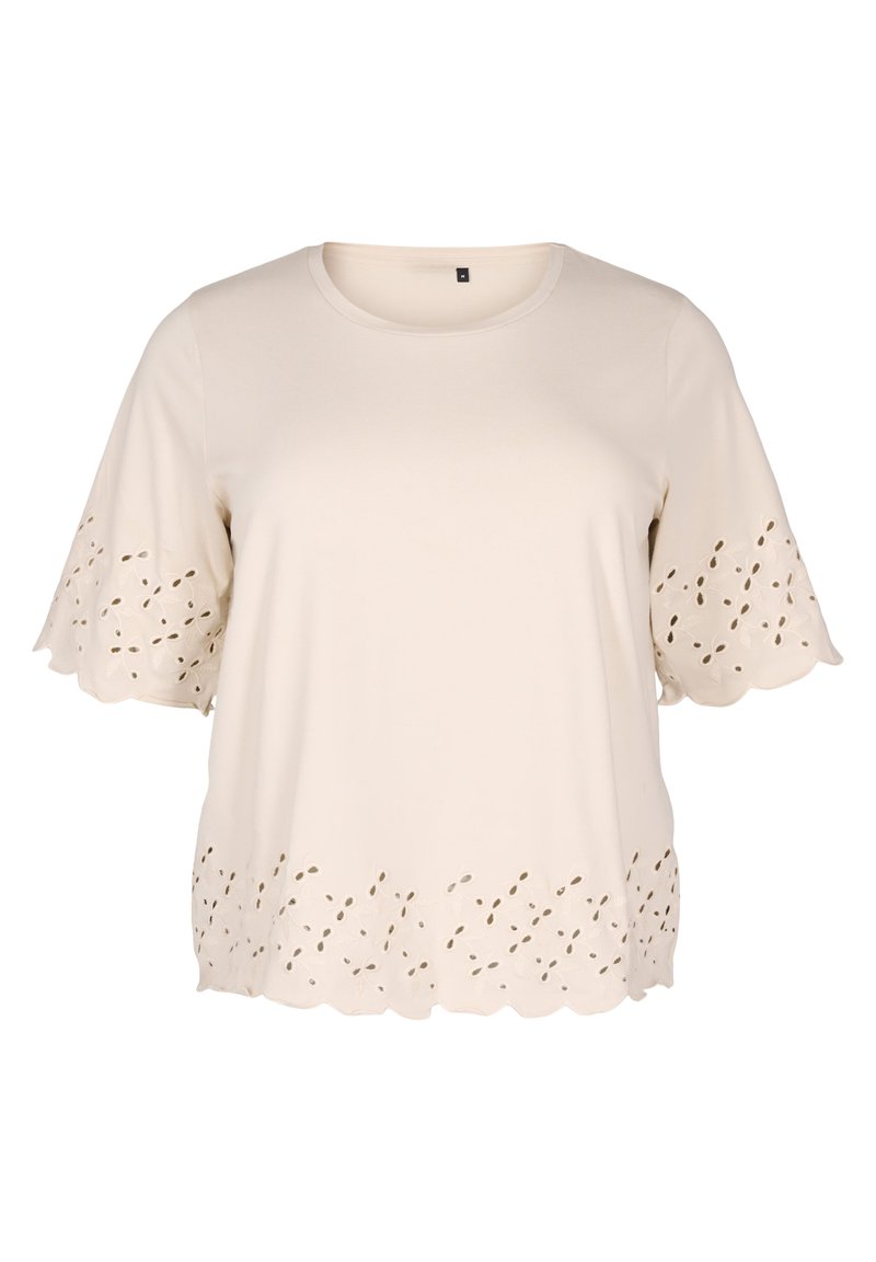 Top corto a maniche corte color beige chiaro realizzato in tessuto morbido. Presenta un orlo scallop con dettagli a taglio, che migliorano la texture e il design.
