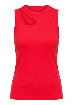 Ärmelloses rotes geripptes Tanktop mit rundem Ausschnitt und kleinem asymmetrischem Ausschnitt nahe dem Kragen auf der linken Seite.