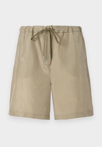 Khaki šortky s elastickým pasem a stahovací šňůrkou. Hladká tkanina, střední délka, bez kapes, jednoduchý design.