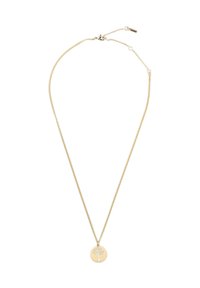 Collier avec pendentif doré présentant un charm circulaire au design d'arbre, sur une fine chaîne à longueur ajustable. Texture lisse, style minimaliste.