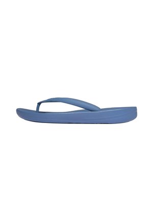 Single blue flip-flop sandal with a textured strap and slightly raised sole shown from the side on a white background.