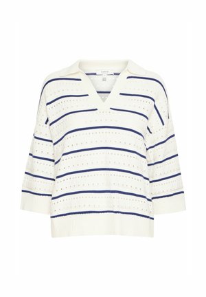 Valkoinen neulepusero, jossa on V-pääntie ja lyhyet hihat. Sisältää laivastonsinisiä ja vaaleansinisiä raitoja sekä perforoitua tekstuuria. Ribattu helma.