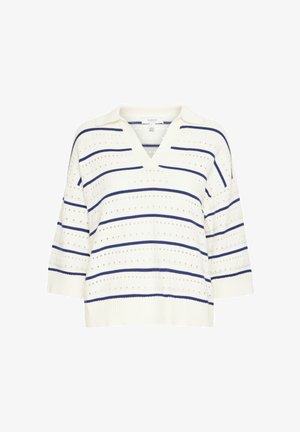 Valkoinen neulepusero, jossa on V-pääntie ja lyhyet hihat. Sisältää laivastonsinisiä ja vaaleansinisiä raitoja sekä perforoitua tekstuuria. Ribattu helma.