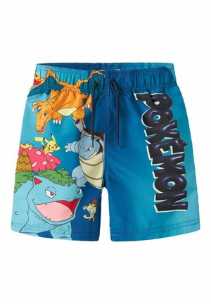 Blå badeshorts med snøre foran, med Pokémon-figurerne Pikachu, Charizard, Blastoise, Venusaur og Meowth samt teksten "POKÉMON" på højre ben.