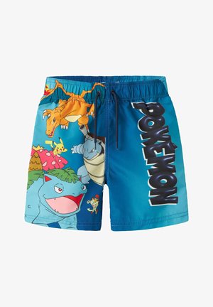 Kék fürdőnadrág elöl húzózsinórral, rajta Pokémon karakterek: Pikachu, Charizard, Blastoise, Venusaur és Meowth, valamint "POKÉMON" felirat jobb oldali lábrészen.