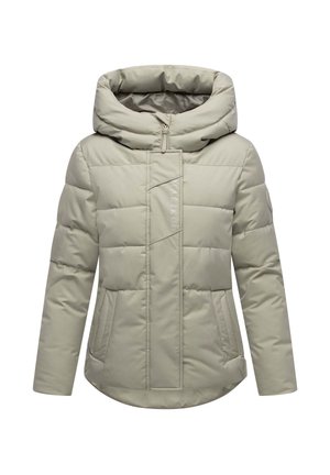 Light green puffer jacket with a hood, featuring a zip closure, quilted texture, and two front pockets. Logo printed on the front.
