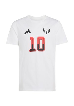 T-shirt de sport blanc avec un grand numéro 10 rouge et noir, logo Adidas sur la poitrine gauche et logo Messi sur la poitrine droite.