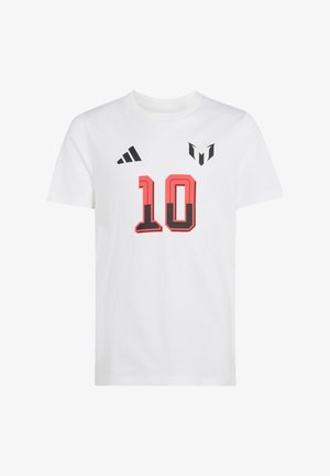T-shirt de sport blanc avec un grand numéro 10 rouge et noir, logo Adidas sur la poitrine gauche et logo Messi sur la poitrine droite.