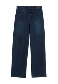 Granatowe dżinsy o szerokich nogawkach z wysokim stanem i dwoma tylnymi kieszeniami, pokazane od tyłu na białym tle.