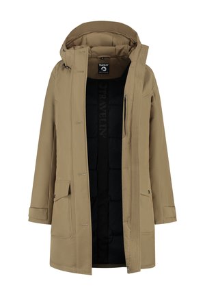 Beige lange winterjas met capuchon, voorste flapzakken en zwart gevoerd binnenwerk, open rits aan de voorkant.
