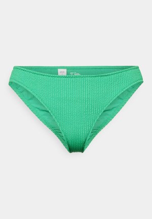 Textured green bikini bottom with a ribbed design. Features a low-rise cut and smooth lining, suitable for swimming or sunbathing.