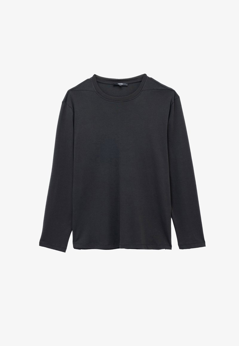 Mustapintainen pitkähihainen T-paita, valmistettu sileästä ja pehmeästä kankaasta. Mallissa on pyöreä pääntie ja rento istuvuus, jossa on ompeluominaisuuksia olkapäillä.