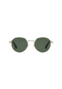 Ronde zonnebrillen met groene lenzen, een gouden metalen montuur en doorzichtige pootjes. Minimalistisch ontwerp met een lichte uitstraling.