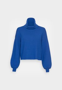 Pullover en tricot bleu avec col roulé, manches longues bouffantes et coupe courte. Texture lisse avec des accents côtelés au niveau du col et des poignets.