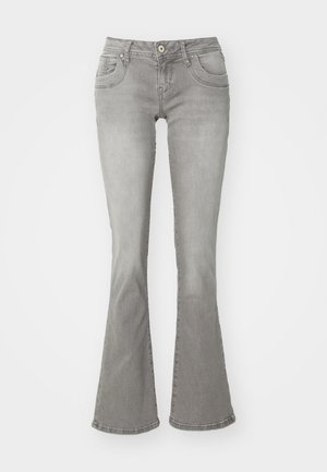 Grå flarejeans med midjehøyde, frontlommer og knapplukking, laget av denimstoff med en jevn tekstur.