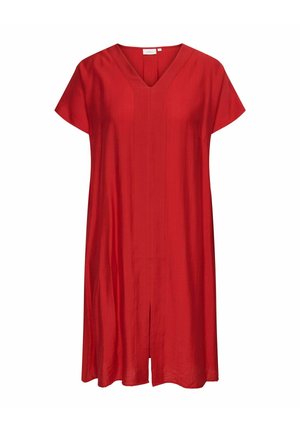 Rød knælængde kjole med V-hals, korte ærmer og en frontcenter slids, lavet af letvægtsstof.
