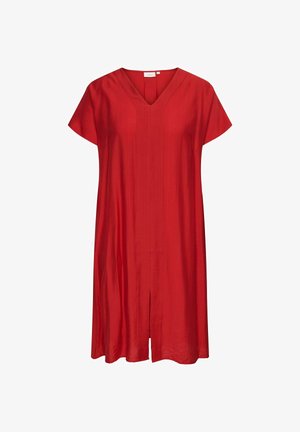 Vörös, térd alá érő ruha V-nyakú, rövid ujjú, elöl középen hasítékkal, könnyű anyagból készült.