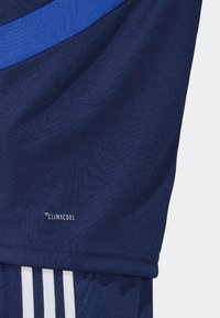 Niebieskie szorty sportowe wykonane z oddychającej tkaniny. Posiadają logo ClimaCool oraz białe paski po bokach. Gładka tekstura.