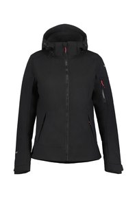 Black softshell jacket with a hood, front zipper, side pockets, and a zippered pocket on the left arm; features adjustable toggles.