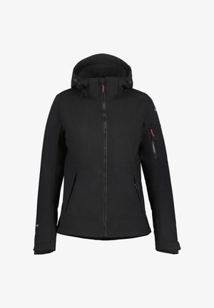 Black softshell jacket with a hood, front zipper, side pockets, and a zippered pocket on the left arm; features adjustable toggles.