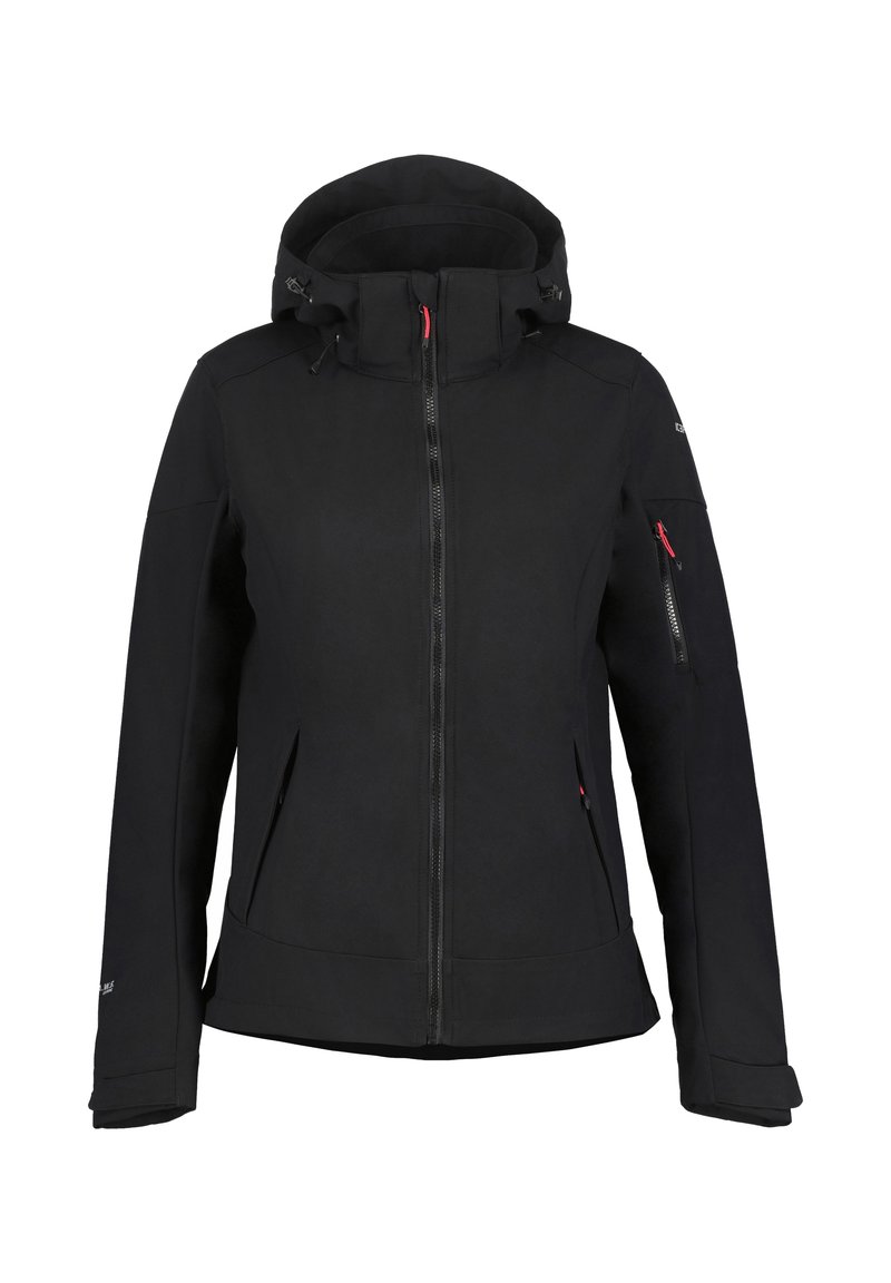 Black softshell jacket with a hood, front zipper, side pockets, and a zippered pocket on the left arm; features adjustable toggles.