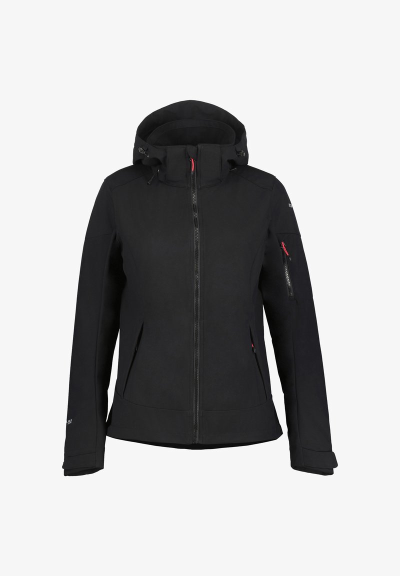 Black softshell jacket with a hood, front zipper, side pockets, and a zippered pocket on the left arm; features adjustable toggles.