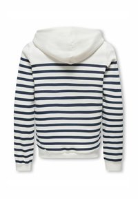 Sweat à capuche à rayures horizontales blanches et marine, présentant une texture lisse, des poignets en côte et une coupe décontractée.