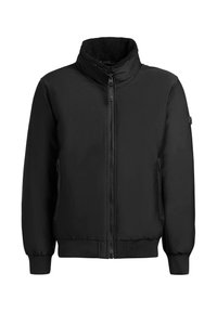 Svart bomberjakke med glidelås, høy krage og elastiske mansjetter. Har glatt utside og fleeceforet innside, med sidelommer.