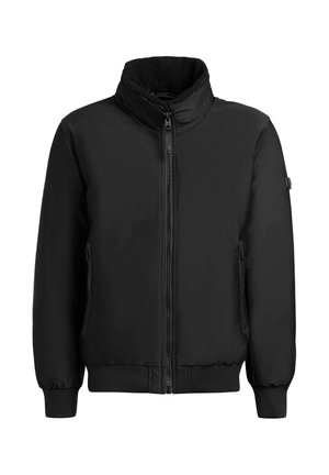 Schwarze Bomberjacke mit Reißverschluss, hohem Kragen und elastischen Bündchen. Verfügt über eine glatte Außenseite und ein innen mit Fleece ausgekleidetes Futter sowie seitliche Taschen.