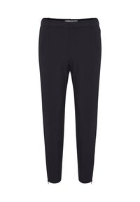 Black tailored trousers with a slim-fit design, featuring side pockets and zippers at the ankles for adjustable fit and style.